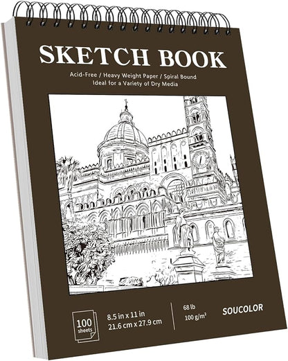 Soucolor Sketchbook 8.5x11 Hard Cover Spiral Bound, 100 Sheets 68lb/100gsm Thick Acid-Free Drawing Paper Lay Flat Sketch Pad Art Notebook for Adults Artists Teachers Students Classroom