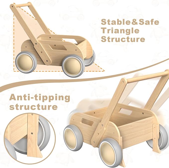 Wooden Baby Walker, Push and Pull Learning Walking Toys for Babies Infants to Toddler, Walker with Wheels for Boys Girls, Gift for Birthday Christmas, Natural