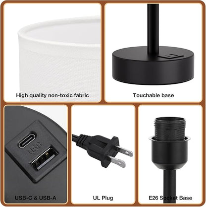 Dicoool Bedside Table Lamp for Bedroom - 3-Way Dimmable Touch Lamp, USB A+C | LED Bulb Included, 14" Small Nightstand Lamp for Desk, Living Room, Guest Room, White Fabric Lampshade, Black Metal Base