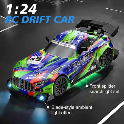 Drift RC Car for Electric Toy Car Hobby Racing Car Toys with Controller,1:24 4WD High Speed RC Drift Cars with LED Lights,Extra Drifting Tires＆Two Batteries,Racing Sport Toy,Vehicle for Adults＆Kids