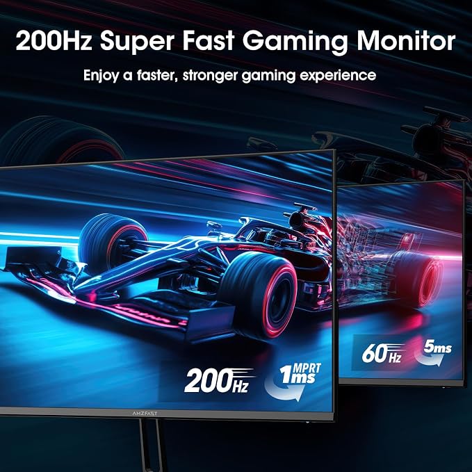 Amzfast 24 Inch Gaming Monitor 200Hz FHD 1080p Computer Monitor, 1ms Adaptive Sync, 3000:1, 129% sRGB, HDR Display, Eye Care, VESA 75x75, Metal Stand, HDMI 2.0 | DP 1.4, AMZG24X1