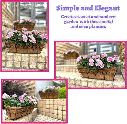 LaLaGreen Wall Planters for Outdoor Plants (2 Pack, 16 Inch) Window Flower Boxes Basket Attach to House, Deck Railing Strawberry Planters with Coco Liners BalconyTroughs Fence Patio Porch Over Rail