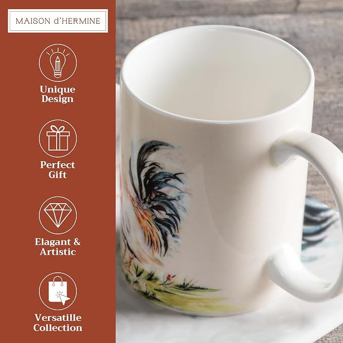 Maison d' Hermine Coffee Mug with Handles Tea Cups (12 Ounce, Pack of 1) | Fine Bone China Coffee Mugs for Hot Beverages Cappuccino Latte Home Restaurant Hotel Spring Summer -Campagne - Coq