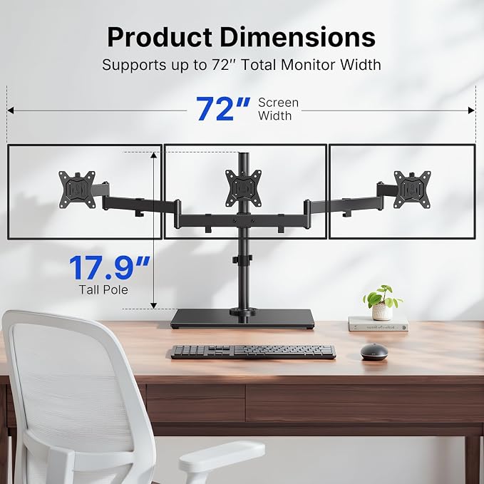 HUANUO Free Standing Triple Monitor Mount for 13-27 Inch Screens | Larger Tempered-Glass Base, Heavy Duty Thicker Steel, Tilt, Swivel, Rotation, Holds up to 22 lbs, VESA 75x75/ 100x100mm