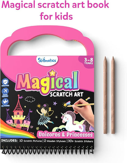 Skillmatics Scratch Art Book for Kids - Unicorns & Princesses, Craft Kits & Supplies, 30+ Scratch Stickers, Travel Toys, DIY Kit, Gifts for Girls & Boys Ages 3, 4, 5, 6, 7, 8