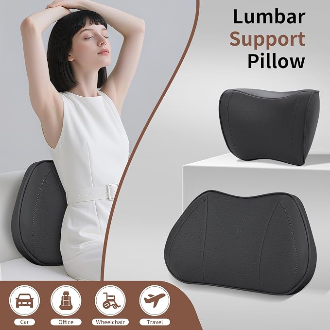 Lumbar Support Pillow for Car, Premium Leather Memory Foam Lumbar Cushion for Lower Back Pain Relief, Universal Back Support for Driving, Home & Office Chairs, Black, 1 Pack