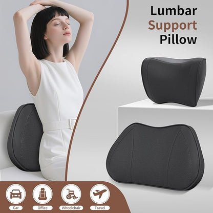 Lumbar Support Pillow for Car, Premium Leather Memory Foam Lumbar Cushion for Lower Back Pain Relief, Universal Back Support for Driving, Home & Office Chairs, Black, 1 Pack