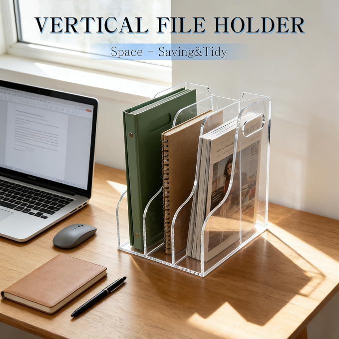 3-Tier Clear Acrylic File Holder, Vertical Document Organizer for Magazines, Binders, Notebooks & Envelopes - Multi-Purpose Desk Storage for Home Office（A4,3 Sections）