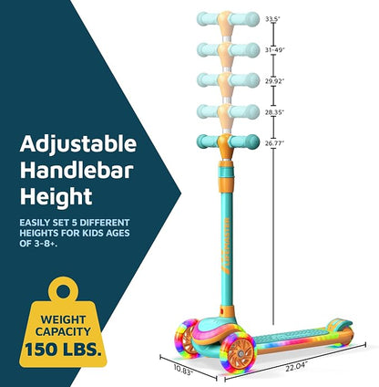 3-Wheel Kids Scooter with Multi-Color Lights on Deck & Wheels – 5-Height Adjustable Handlebar, Wide Anti-Slip Deck, Child Safety Certified, Boys & Girls Ages 3+ Supports Up to 150 lbs