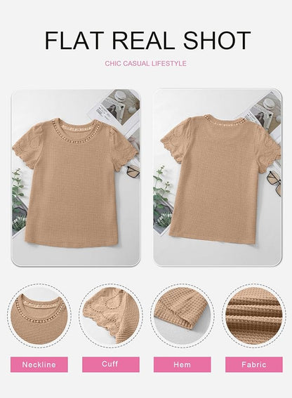 SHEWIN Womens Frenchy Summer Tops Crewneck Short Sleeve T Shirts Casual Waffle Knit Jacquard Blouses Top Shirts