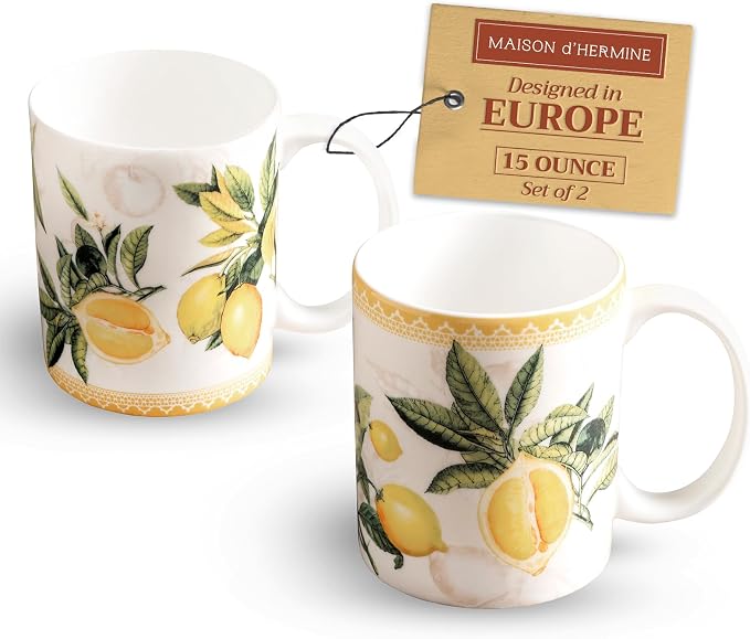 Maison d' Hermine Coffee Mug with Handles Tea Cups (15 Ounce, Pack of 2) | Fine Bone China Coffee Mugs for Hot Beverages Cappuccino Latte Home Restaurant Hotel Spring Summer -Limoncello