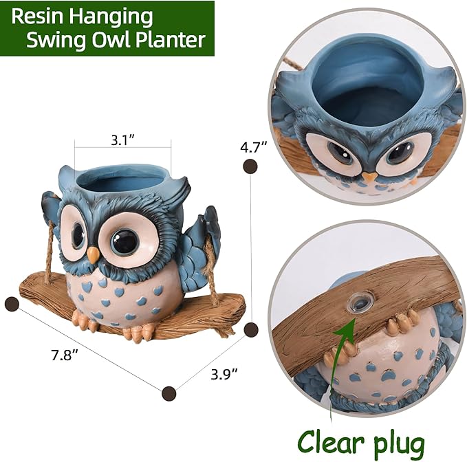 Swing Owl Hanging Planters for Indoor Plants, Cute Small Succulent Pots with Drainage Hole, Unique Resin Plant Hangers Outdoor, Hanging Plant Holder for String Of Pearls, Gift Ideas for Mother