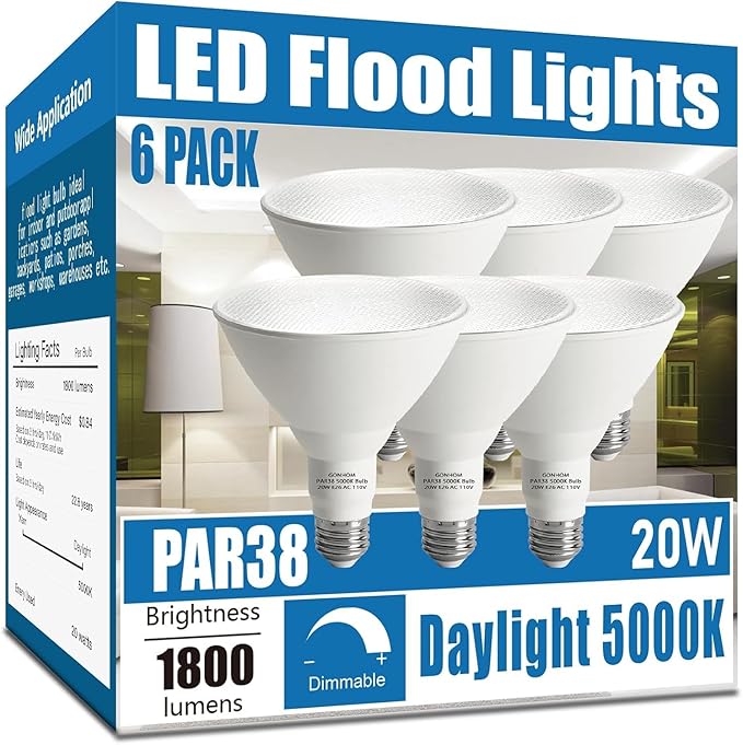 Par38 led Flood Lights Outdoor Light Bulb,Dimmable 1800LM,20W Replace up to 200W,Outdoor Flood Light Bulbs for Backyard,Garage,Porch,Garden,6 Pack 5000K Daylight