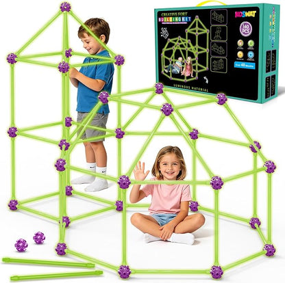 Glow in The Dark Fort Building Kit for Kids, 140 Pcs STEM Construction Toys for DIY Castles Tunnels Play Tent, Ultimate Creative Set, Christmas Birthday Gifts for 4-12 Years Old Boys and Girls