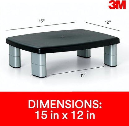 3M Adjustable Monitor Stand, Three Leg Segments, Simply Adjust Height from 1" to 5 7/8", Holds Up to 80 lbs, 11" Space Between Columns, Silver/Black (MS80B)