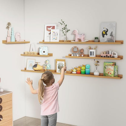 Picture Ledge Shelf, Floating Shelves Set of 2, 72 Inches Long Large Nursery Book Shelves for Toys Storage, Kids Bookshelf Wall Mounted for Living Room Bedroom Decor Books Photo Frames, Natural Oak
