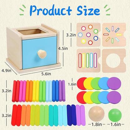Montessori Toys for 1 2 3 Year Old, 4-in-1 Wooden Montessori Coin Box, Object Permanence Ball Drop Learning Color Sorting Toys for Toddlers 1-3, Gifts for 18 Months Baby Boys Girls