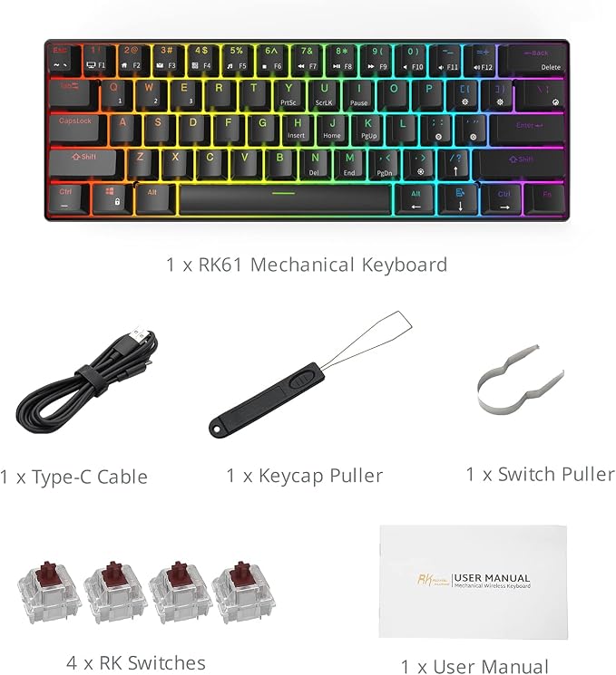 RK ROYAL KLUDGE RK61 Wireless Mechanical Keyboard, 60% Percent RGB, Black | Bluetooth/2.4GHz/Wired Hot Swappable PC Gaming Keyboard, 61 Keys Ultra-Compact for Win/Mac, Coiled Cable, Clicky Blue Switch