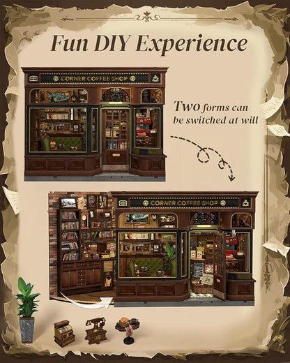 Cutefun Book Nook Kit - DIY Miniature Coffee Shop Booknook Kits for Adults and Teens, 3D Wooden Puzzle Bookend Bookshelf with LED Light, Creative Crafts Gifts for Book Lovers (Corner Coffee Shop)