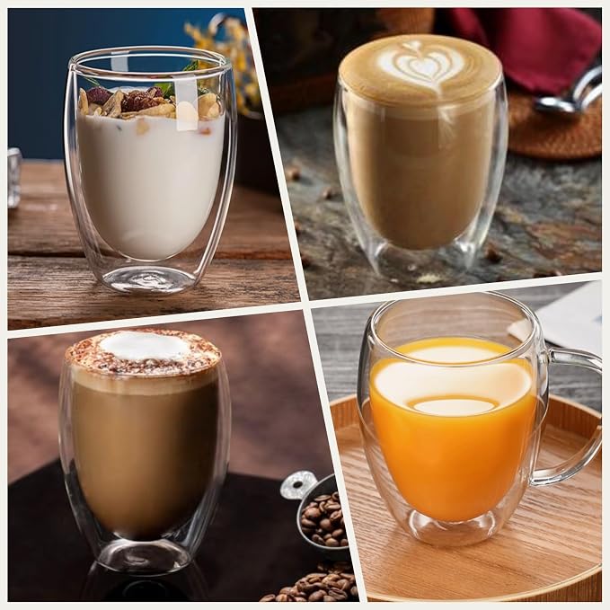DINGPAI 15 oz Double Walled Glass Coffee Mugs, Large Coffee Mug with Handle | Borosilicate Glass, Insulation, Dishwasher Safe, Clear Glass Cups with Spoon for Latte, Cappuccino, Espresso, Americano