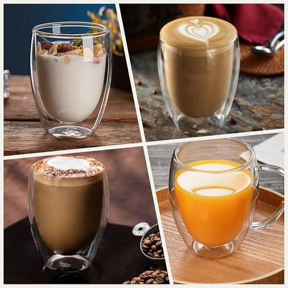 DINGPAI 15 oz Double Walled Glass Coffee Mugs, Large Coffee Mug with Handle | Borosilicate Glass, Insulation, Dishwasher Safe, Clear Glass Cups with Spoon for Latte, Cappuccino, Espresso, Americano