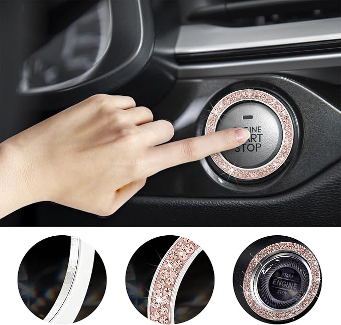 Kewucn Bling Crystal Double Rhinestone Car Engine Start Decoration Ring, Sparkling Push Start Button Sticker, Key Ignition & Knob Ring Decoration, Bling Car Interior Accessory(Peach)