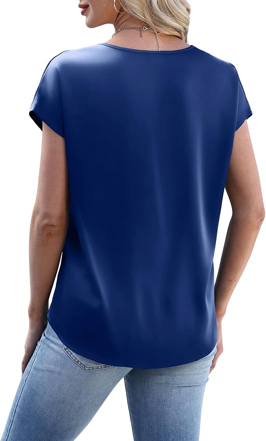 WIHOLL Womens Satin Summer Tops Cap Short Sleeve Blouses V Neck Shirts Business Casual Outfits Fashion Clothing 2026