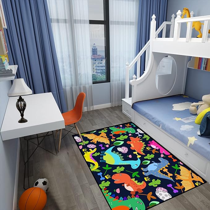 Dinosaur Rug for Boys Room Cartoon Dinosaur Area Rugs Kids Rug Dinosaur Rug Kids Play Rug Dinosaur Play Rug for Bedroom and Kidroom Playing Room,Dark Blue 3'×4'