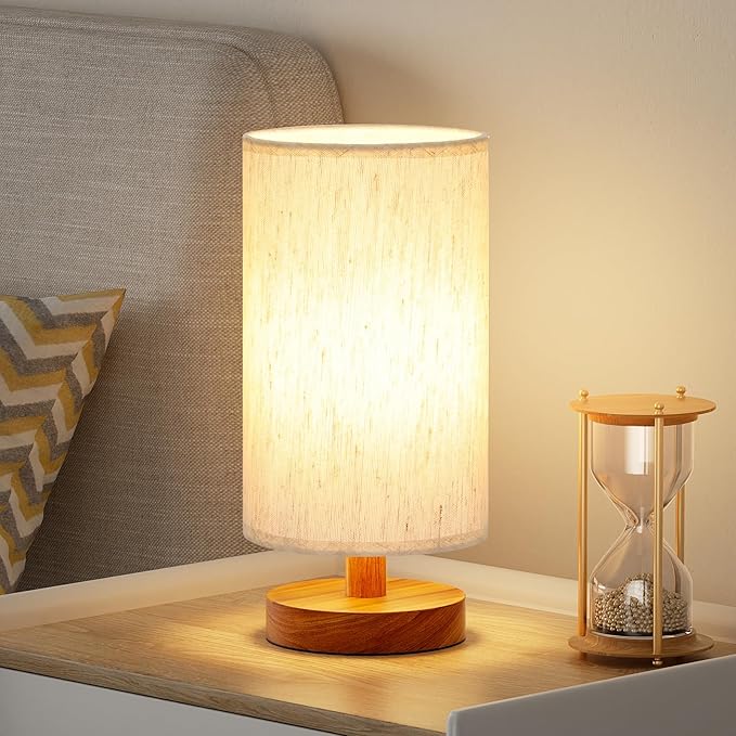 Fenmzee Small Table Lamps (Cream Shade - Walnut Base, 9" Inline Control) | 3000K LED Blub Included | 680 Lumens | Easy Assembly | Minimalist Design | E26 | for Kitchen | for Kids Room