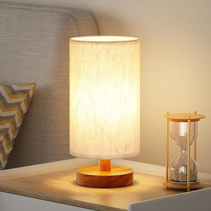Fenmzee Small Table Lamps (Cream Shade - Walnut Base, 9" Inline Control) | 3000K LED Blub Included | 680 Lumens | Easy Assembly | Minimalist Design | E26 | for Kitchen | for Kids Room