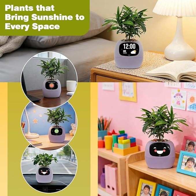 Smart Plant Pot with Visual Display – Soil Moisture, Water Level, Light & Battery Monitor, 80ml Self-Watering Reservoir, Supports 50+ Plants, Pomodoro Timer, Clock & Calendar (Purple)