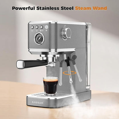 CHULUX Elite Espresso Coffee Machine with Steam Wand for Cappuccino, Gray | Hot and Iced Espresso, 1350W Fast Heating System, Visible Pressure Gauge, PID Temperature Control, Pre-Infusion Technology