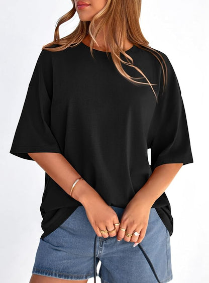 PRETTYGARDEN Womens 2026 Spring Going Out Tops Casual Short Sleeve Crewneck Loose Fit Basic Oversized T Shirts Summer Outfits