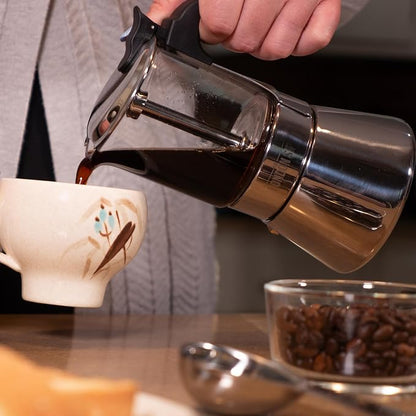 The London Sip Glass and Stainless Steel Stovetop Espresso Maker Moka Pot Italian Coffee Percolator, Glass, Small (5.07 oz)