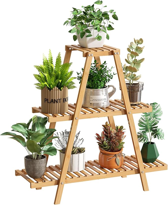GHWIE Plant Stand Indoor Plant Shelf Outdoor bamboo Plant Rack, 3 Tiers Ladder Plant Holder Flower Stand for Living Room Balcony Garden Patio,Living Room Boho Home Decor for Gardening Gifts (Natural)