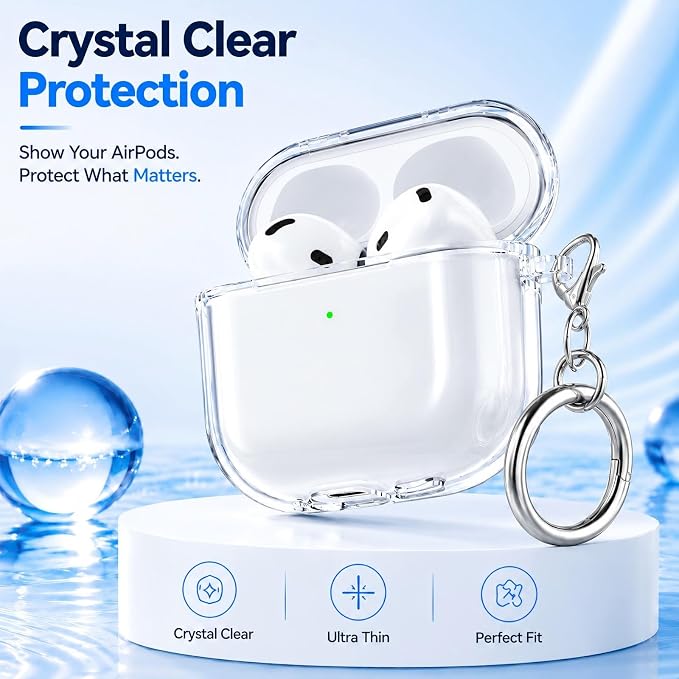 for AirPods 4th Generation Case Cover 2024, Military-Grade Shockproof, Soft TPU Highly Transparent Anti-Yellowing for AirPods 4 Case with Cleaning Kit & Cute Round Buckle, Clear White