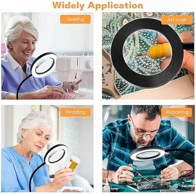 Desk Magnifying Glass with Light 10X, Clip on Desk Lamp,Craft Lamp Adjustable Lighted Magnifying Glass with Stand Portable Eye LED Lamp 3 Colors Dimmable for Reading Crafts Workbench(Sliver 2.0)