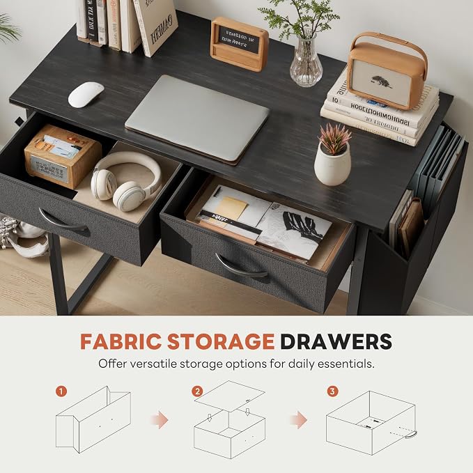 DUMOS 32" Home Office Computer Desk with Drawers, Small Gaming Writing Study Table with Storage Side Bag, Headphone Hook and Adjustable Feet for Bedroom Black | Home Office Desk for Bedroom, Gaming Writing Study Desk with Adjustable Feet