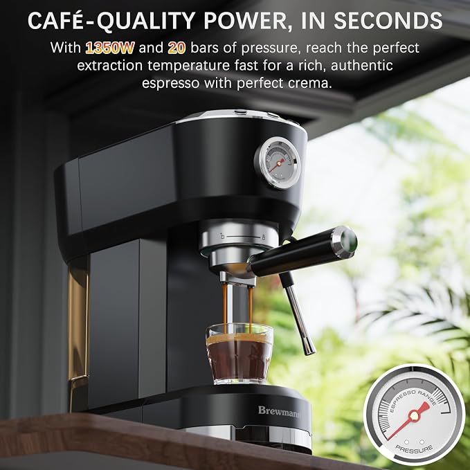 Espresso Machine with Powerful Steam Milk Frother, 20 Bar Coffee Machine for Latte, Cappuccino, Compact Espresso Maker for Home, Fast Heating, 42oz Removable Water Tank, Black
