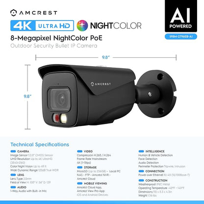 Amcrest UltraHD 4K (8MP) IP PoE AI Camera, FOV 129°, 49ft Color Nightvision, Security Outdoor Bullet Camera, Human & Vehicle Detection, Active Deterrent, 4K @15fps, IP8M-2796EB-AI (Black)