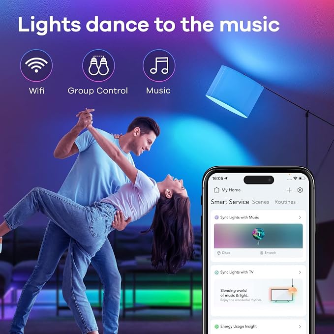 Linkind Matter Smart Light Bulb, Smart Bulbs Work with Alexa/Apple Home/Google Home, Color Changing Light Bulbs Music Sync, Preset Scenes, Mood Lights, 2.4Ghz WiFi Only, A19 E26 60W 1 Pack