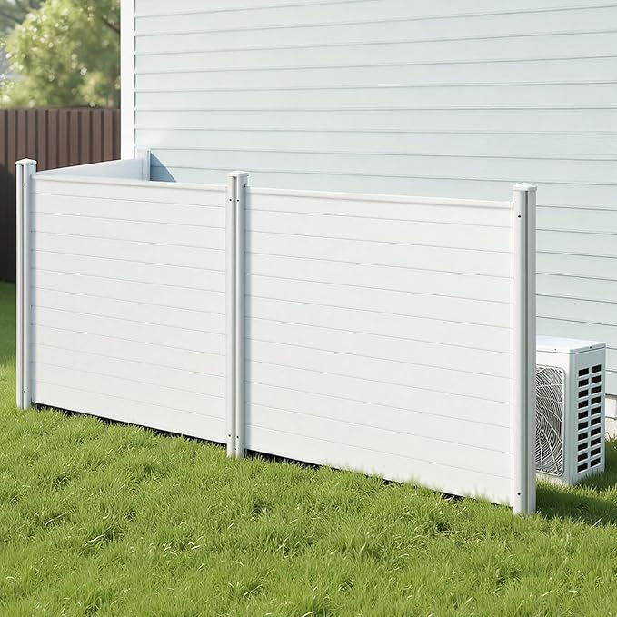 VEVOR Outdoor Privacy Screen, 50in H x 50in W Air Conditioner Fence, 3-Panel Pool Equipment Enclosure, Horizontal PVC Privacy Fence with 27.5 in Ground Stakes, No Dig Trash Can Fence for A/C Units
