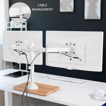 VIVO Dual Monitor Desk Stand for 13 to 32 inch Screens, STAND-V002FD-W | Articulating, Freestanding Adjustable Monitor Arm, White with Wood Base, Computer Stand for 2 Monitors, Holds 22 lbs Each