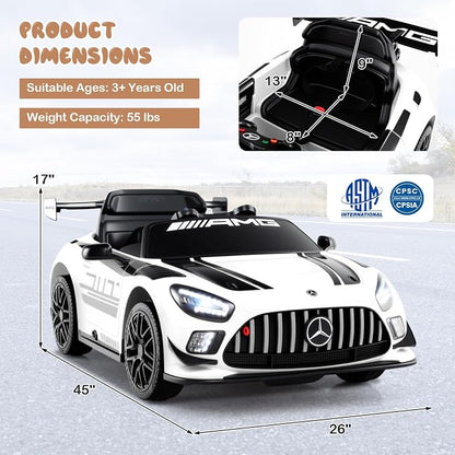 Costzon Ride on Car, 12V Licensed Mercedes-AMG GT3 Kids Car with Remote Control, 3 Speeds, LED Lights, Music, Wireless, Transport Wheels & Soft Start, Electric Vehicle for Toddlers Aged 3+ (White)