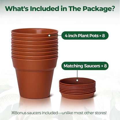 T4U 4 Inch Plant Pots 8-Pack, Small Flower Pots with Drainage Hole and Saucer, Decorative Nursery Pot Bulk for African Violet, Snake Plant, Succulent, Herb and Plants Indoor (8 Pcs 4" Pots)