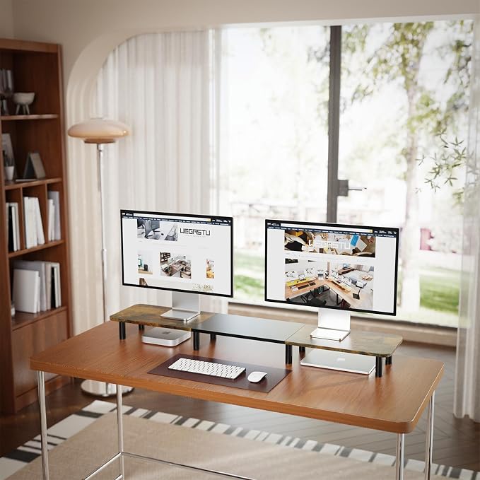 43.7" Extra Long Dual Monitor Stand Riser, Wood & Steel Monitor Stand for 2 Monitors, Wide TV Stand, Desktop Riser for Desk Organization, Home Office、Laptop,Printer,TV (Vintage black)