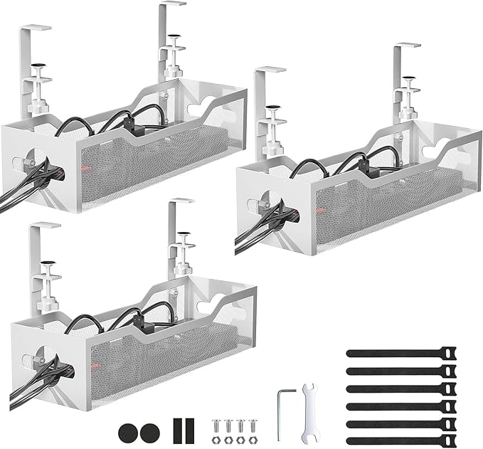 Under Desk Cable Management Tray 3 Pack, Cable Management Under Desk No Drill, Cable Organizer with Clamp for Wire Management, Cord Organizer for Office, Home - No Damage to Table (White)