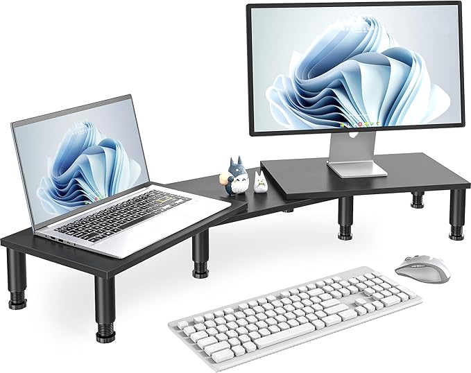 AX WABER Dual Monitor Stand Riser, Monitor Stand with Adjustable Height Steel leg, Wood Monitor Stand for Desk, Monitor Riser for 2 Monitors with Storage Space Black