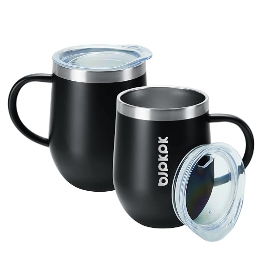 BJPKPK 2PCS Insulated Coffee Mug with Lid, 12oz Stainless Steel Tumbler | Travel Coffee Mug with Handle, Vacuum Insulated Tumbler Cup for Camping, Office, Home, BPA Free Lid, Hot & Cold
