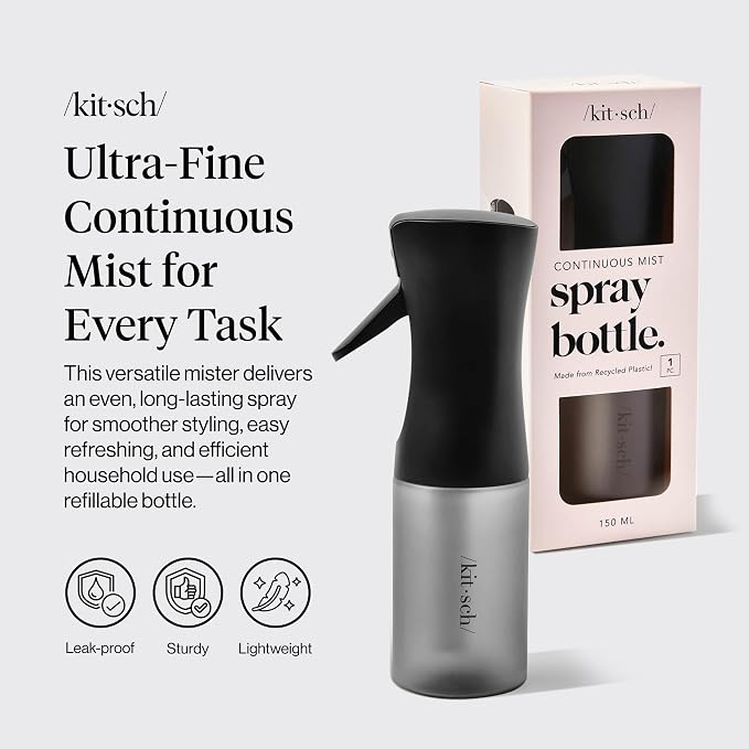 Kitsch Continuous Spray Bottle for Hair – Black, 150ml | Fine Mister Spray Bottle & Water Spray Bottle – Recycled Hair Spray Bottle – Spray Bottles for Cleaning, Styling, & More